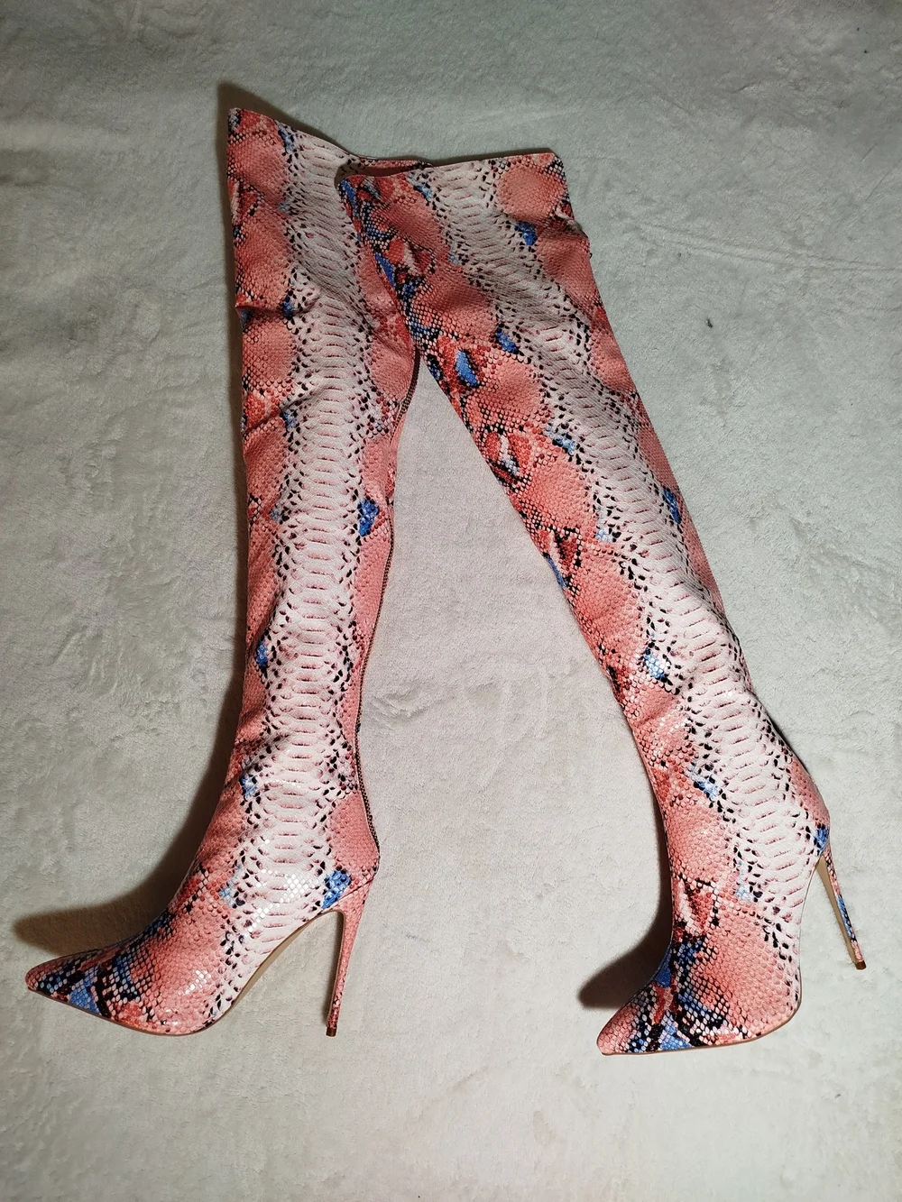 Women’s Pink Snake Print Thigh High Stiletto Boots Size 8.5 New No Brand